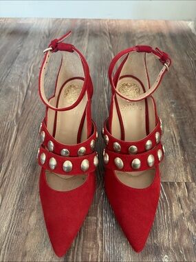 Vince Camuto Red Suede Pointed Toe Ankle Strap Pumps with Metallic Studs